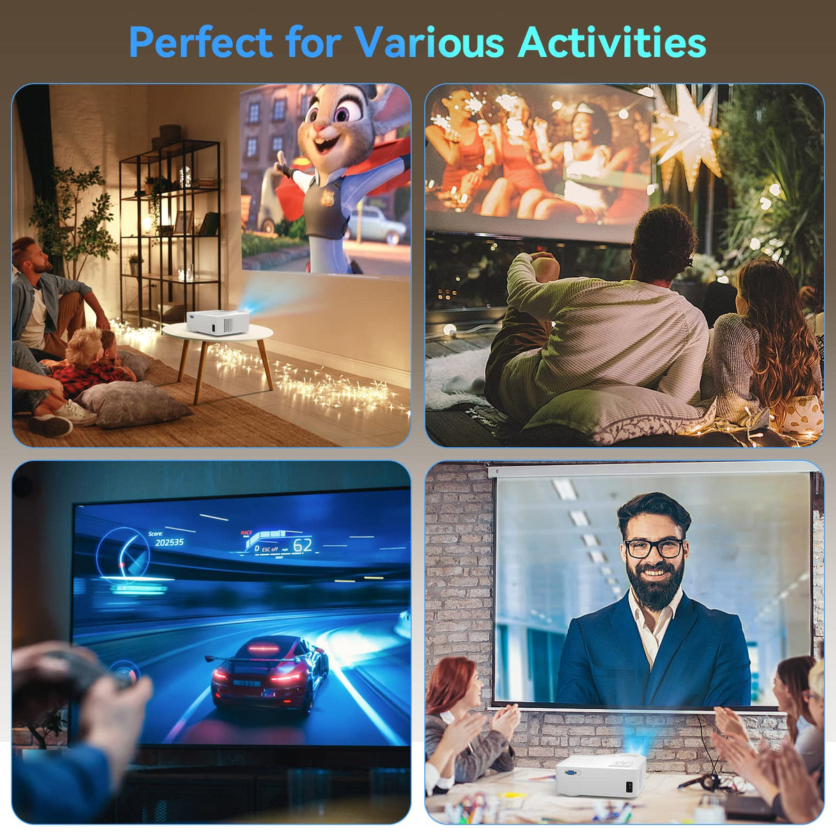 5G WiFi Bluetooth Projector, Native 1080P Outdoor Movie Projector with 200" Display, 380ANSI Home Theater Video Projector 4K Supported, LED Video Projector Compatible with TV Stick, Phone/PC