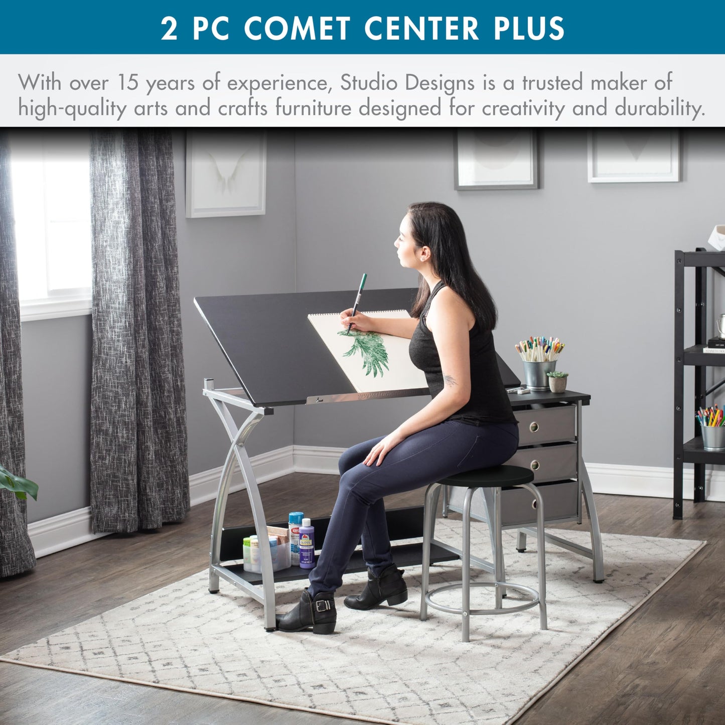 SD Studio Designs 2 Piece Comet Center Plus, Craft Table and Matching Stool Set with Storage and Adjustable Top, Silver/Black