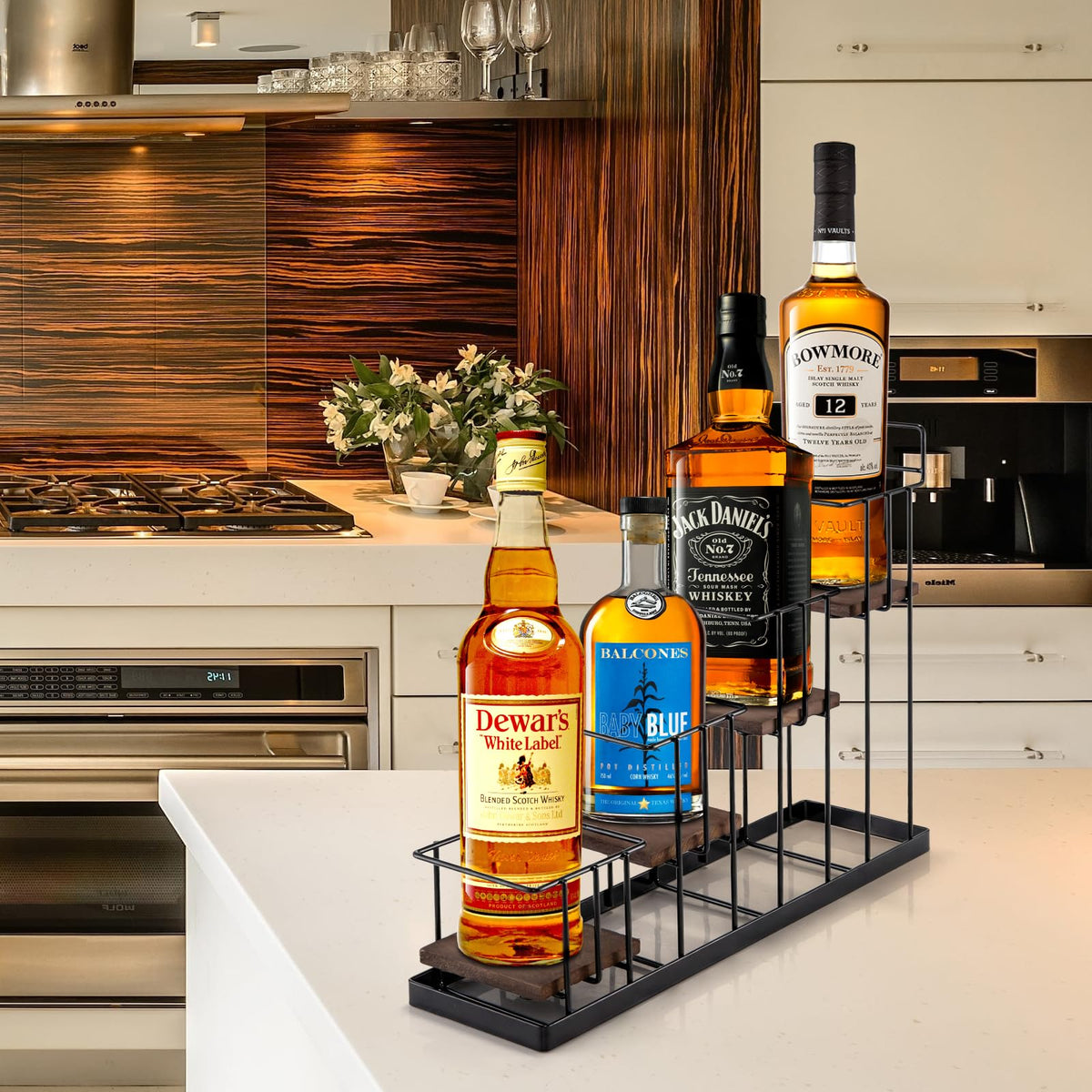 Coffee Syrup Rack Organizer, with Rustic Wood Holder Coffee Station Bar Accessory for Syrup, Wine, Dressing Bottle Countertop Display Storage Stand for Kitchen with Basket and Hooks Holds 4 Bottles