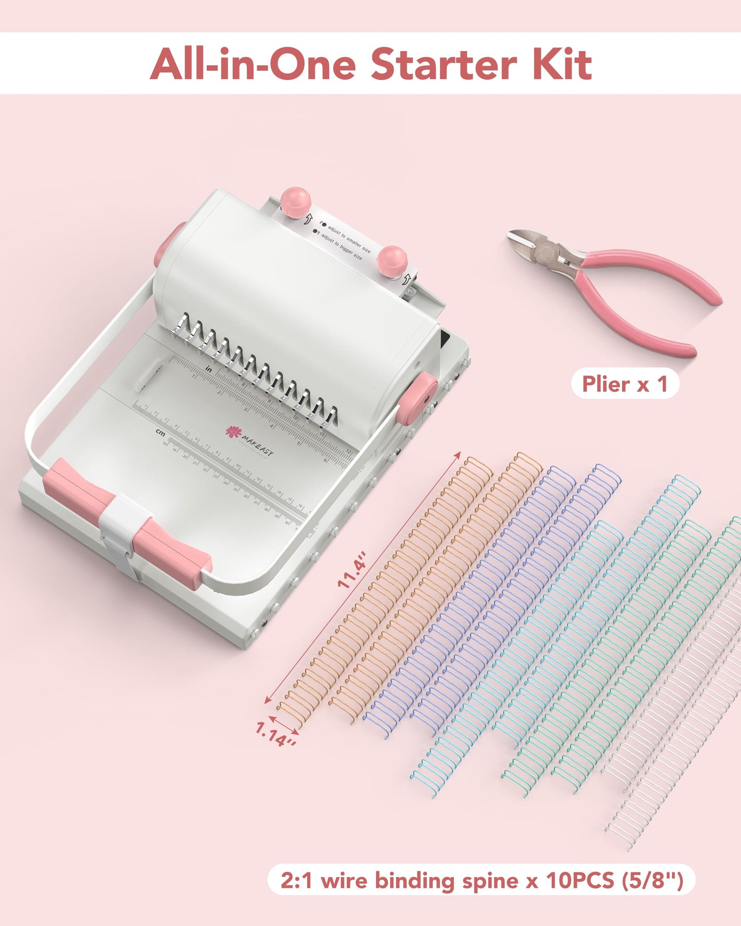 MAKEASY Binding Machine Hole Pitch 2:1 - Portable Book Binding Kit with 10PCS 5/8'' Binding Wires & Plier, for DIY Notebooks, Albums, Journals, and Calendars – Circle Holes, 20 Sheet Punch Capacity