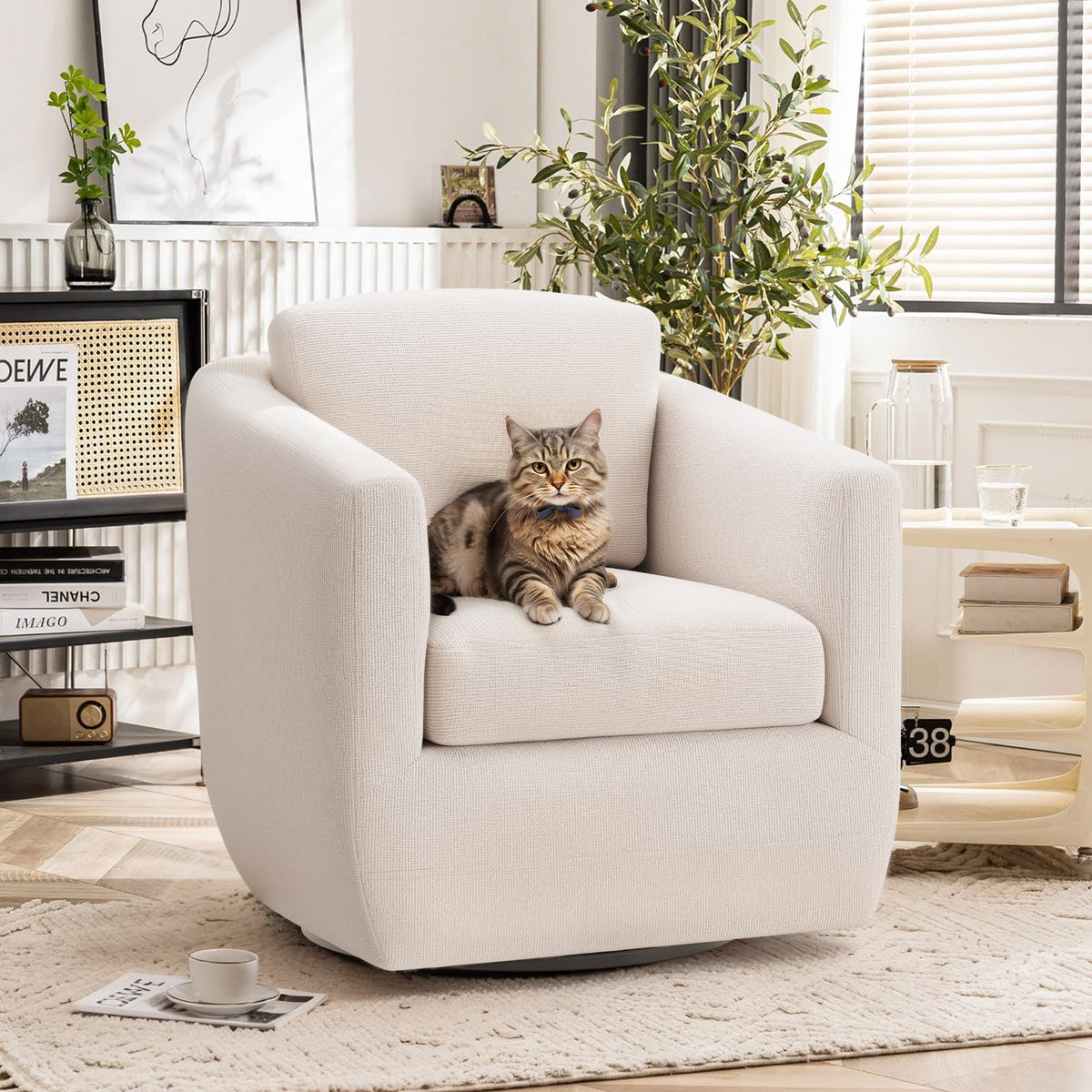 MALOL 360° Swivel Accent Chair Set of 2- Comfy Living Room Armchair No-Sag Foam & Sturdy Metal Base with Pillow, Fully Assembled Swivel Accent Single Sofa for Bedroom, Office, Beige