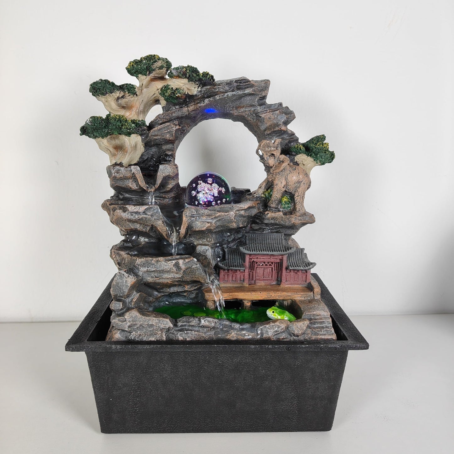 Elephant Asian Pagoda Tabletop Water Fountain, LED Crystal Ball Cascading Rock Waterfall, Indoor Outdoor Zen Decor for Home Office Patio, Soothing Relaxation Sound, Housewarming Gift