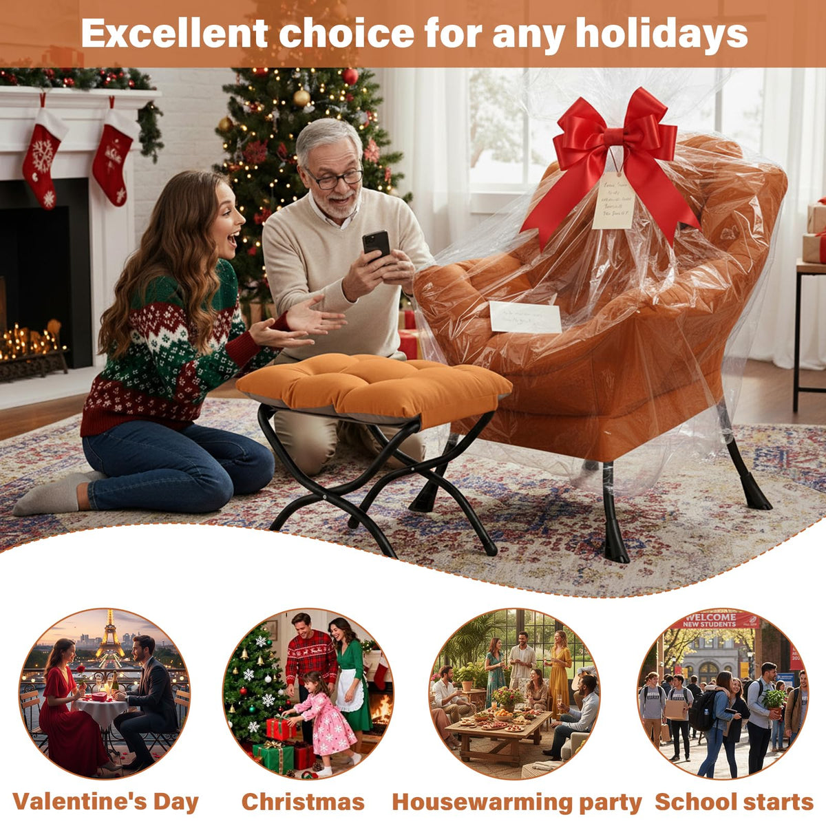 Givjoy Lazy Chair and Ottoman, Large Accent Orange Velvet Chair with Side Pocket, Modern Leisure Upholstered Reading Armchair with Footrest for Office, Bedroom, Living Room, Dorm Rooms, Balcony