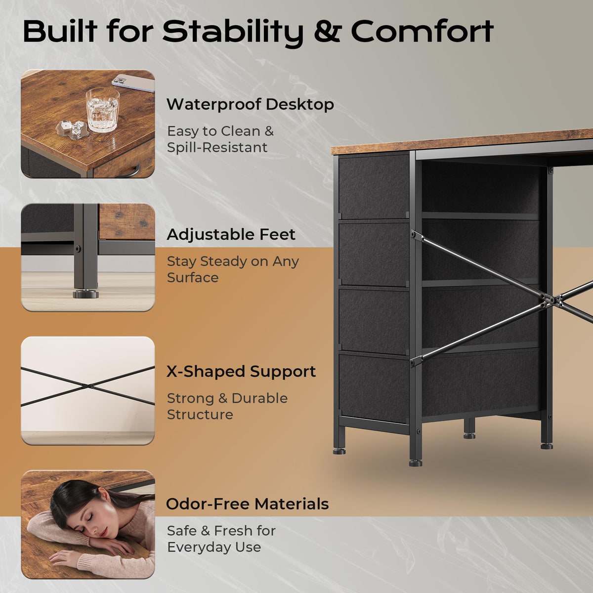 Huuger 63 Inch L Shaped Desk with Fabric Drawers, Computer Office Desk with Power Outlets and USB-C Port, Corner Desk with Storage Shelves, for Gaming Work Study Home Office, Reversible, Rustic Brown