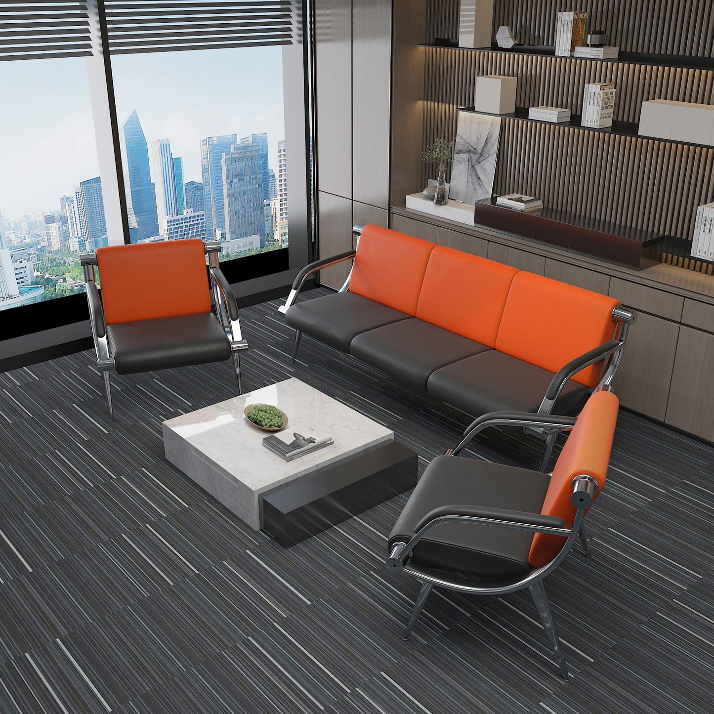 wonline 3 Seat Waiting Room Chair with Armrest PU Leather Office Furniture, Office Guest Seating Lobby Conference Reception Chairs for Airport Clinic Hospital Bank Salon Barber(Orange&Black)
