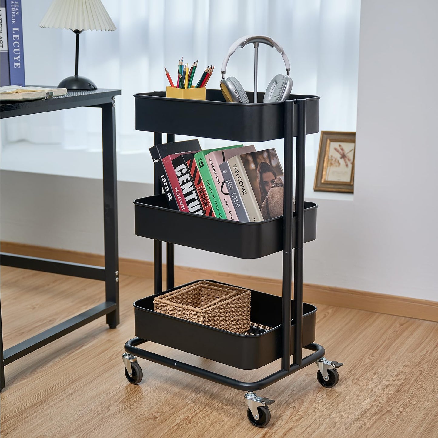 CARTTECH 3 Tier Rolling Cart Metal Heavy Duty Utility Cart with Silent Caster Lockable Wheels Multi-Functional Organization Carts Storage Trolley with Mesh Shelves for Office Kitchen Living Room Black