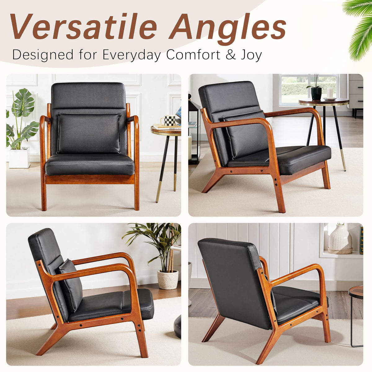 VECELO Mid-Century Modern Accent Chair with Faux Leather Cushion & Solid Wood Frame, Lounge Armchair for Living Room, Bedroom, Office, Black