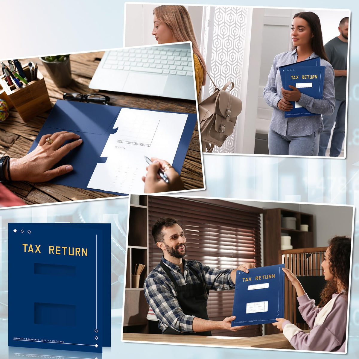 Mooliwe 100 Pcs Blue Tax Return Folders Bulk 9 x 11.25 Inches Income Tax Organizer with Side Staples Double Windows Paper File Pocket Document Folders for Accountants Business Office Supply