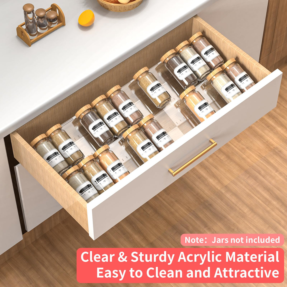 4-Tier Non-Slip Spice Drawer Organizer, 4-Pack Checkered Frosted Clear Acrylic, Expandable (11''-22'') Spice Rack for Kitchen Drawer Storage – Holds Seasonings, Herbs, and Spices (Jars Not Included)