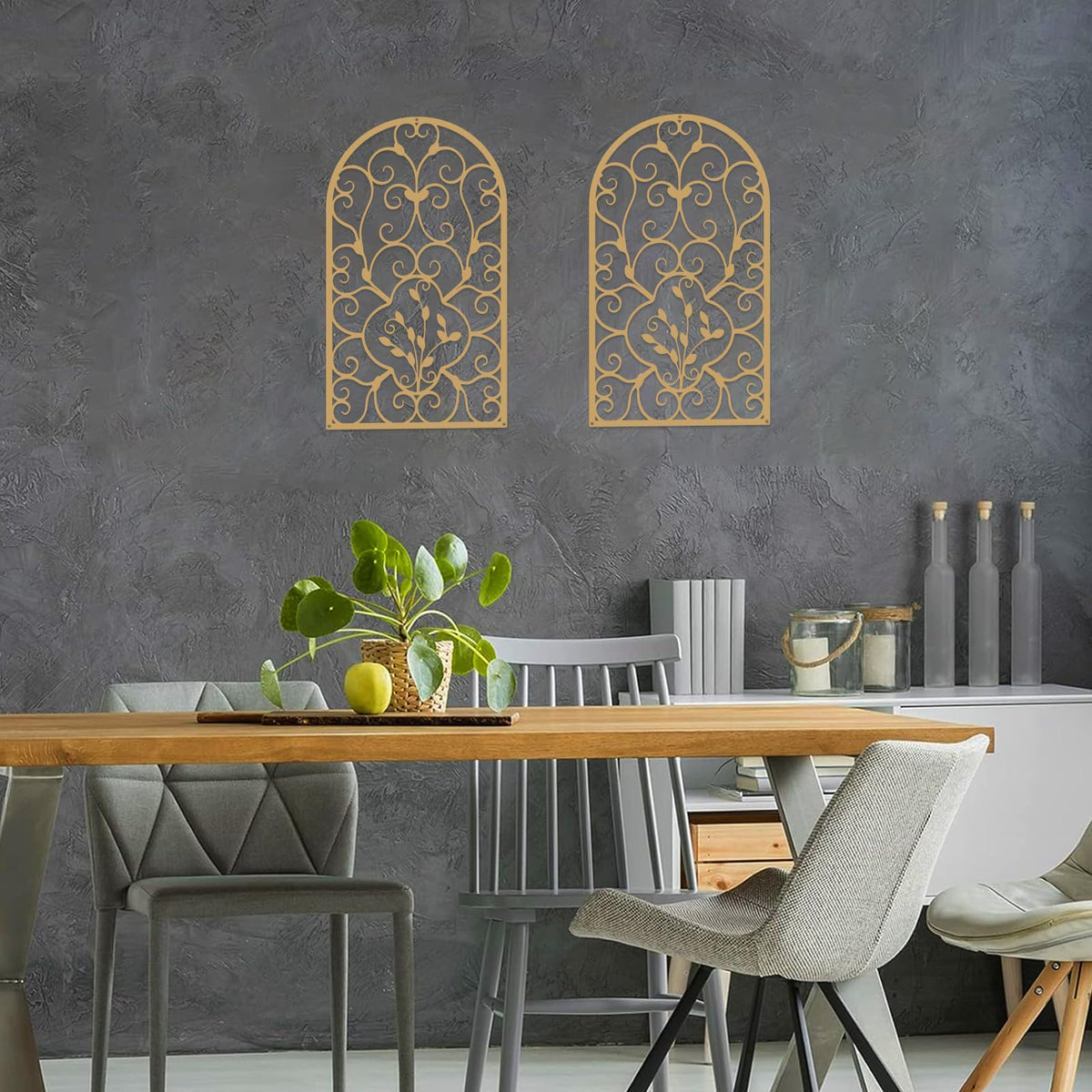 Resama 2 Pcs Scroll Home Wall Decor, Rustic Metal Wall Decor Window Arch Design Modern Farmhouse Wall Sculptures Hanging for Living Room Bedroom Hallway Kitchen (Gold, (15.7" X 9")