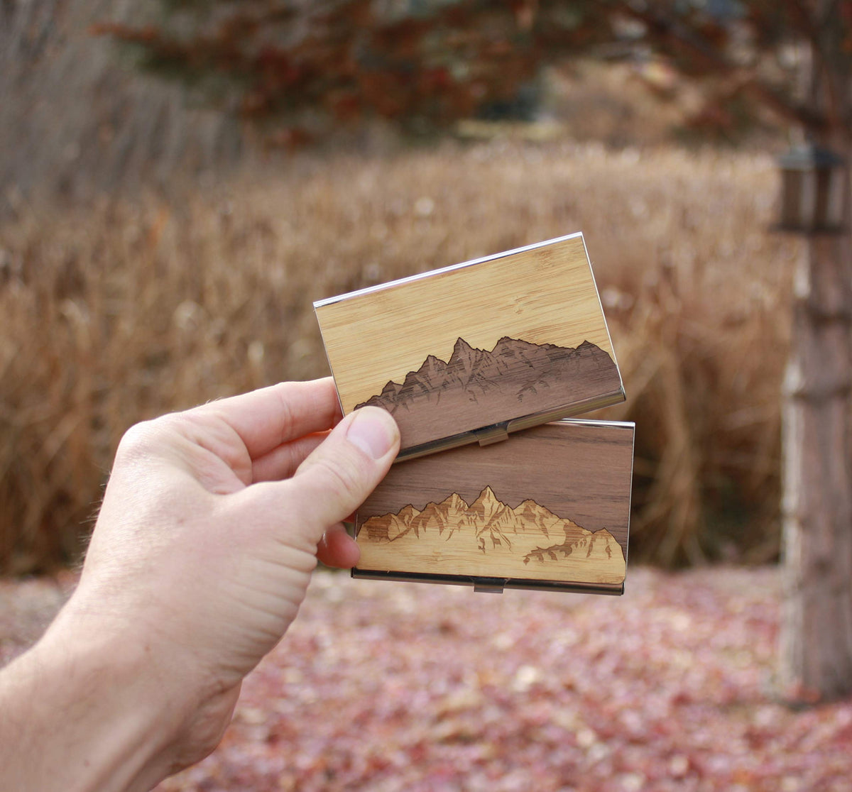 WUDN Handcrafted Business Card Holder Wallet For Men and Women | Holds Up to 20-25 B-Cards or 8-10 Credit Cards | Wooden & Stainless Business Card Case with Buckle Closure, Made in Idaho, USA.