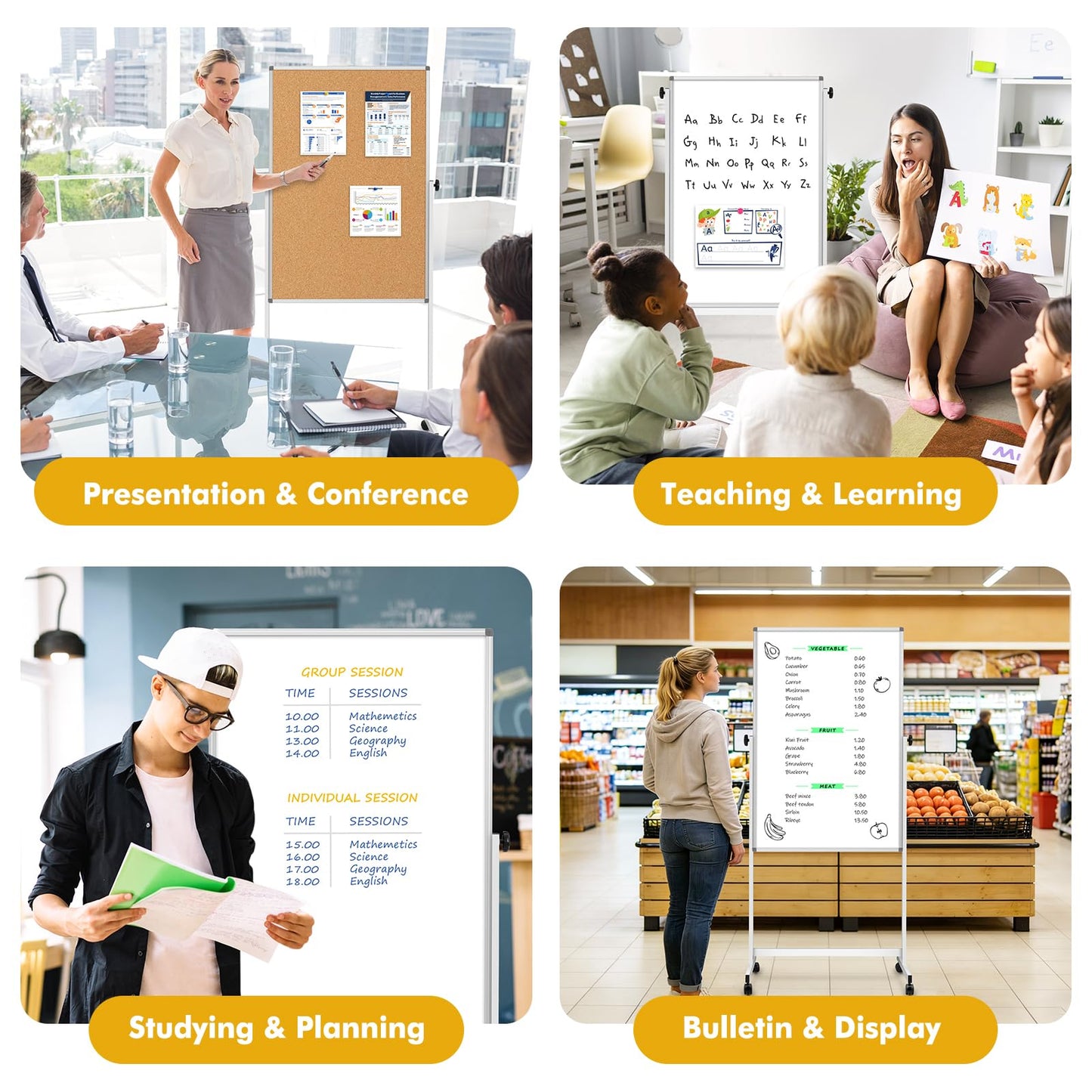 Rolling Whiteboard Corkboard Combo with Stand 24"x40", Double-Sided Mobile Dry Erase Bulletin Board on Wheels, Reversible Height Adjustable Standing Board for Home & Office