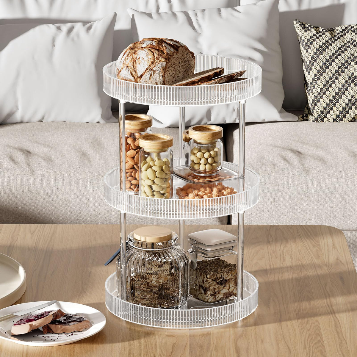 3 Tier Lazy Susan Bathroom Countertop Organizer, 360° Clear Rotating Makeup Cosmetic Perfume Storage Tray, Spinning Vanity Organizer Shelf for Bathroom Cabinet, Dresser, Kitchen(Large)