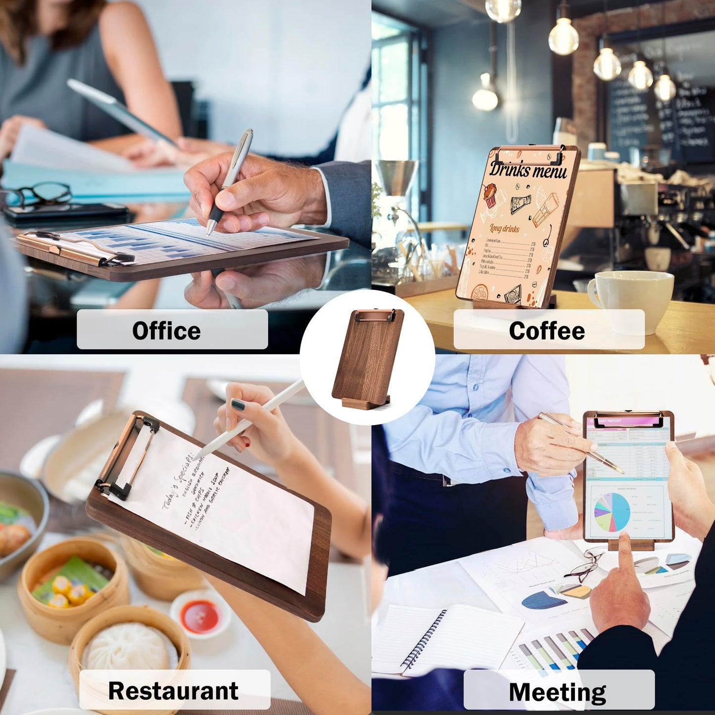 Walnut Wood Clipboard, 9" x 6.3" Small Menu Clip Board with Metal Clip and Stable Base, Solid Hardwood, Smooth Edges, Free Stand Holder for Bar, Restaurant, Coffee Shops, Countertops
