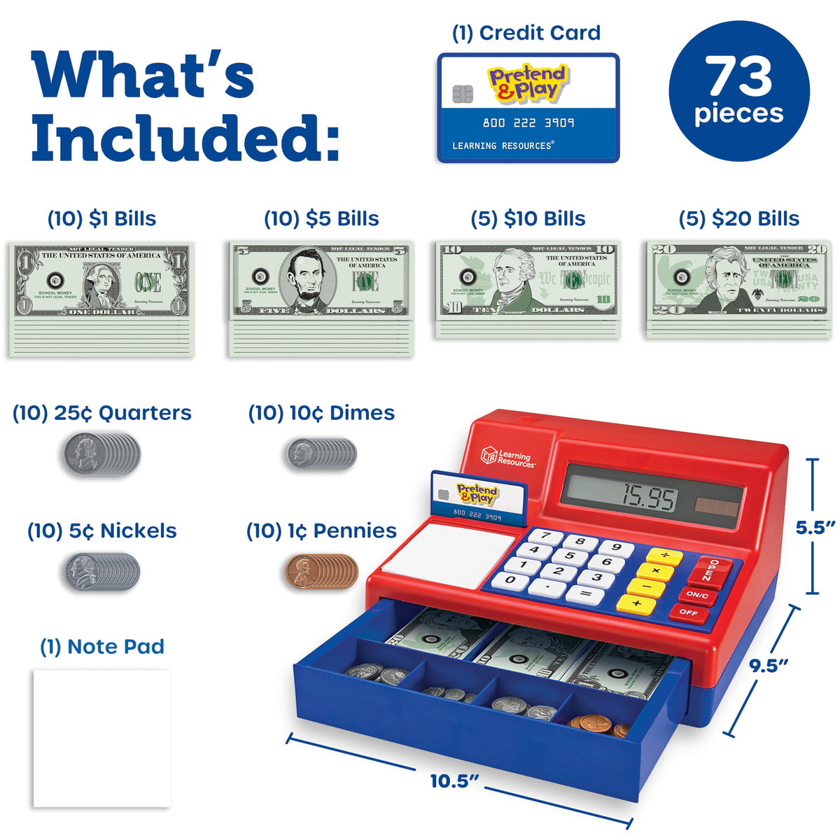 Learning Resources Pretend & Play Calculator Cash Register Toy - Gift for Kids, Toddler Toys, Play Money & Credit Card, Shopping Store Playset, Educational Preschool Activities
