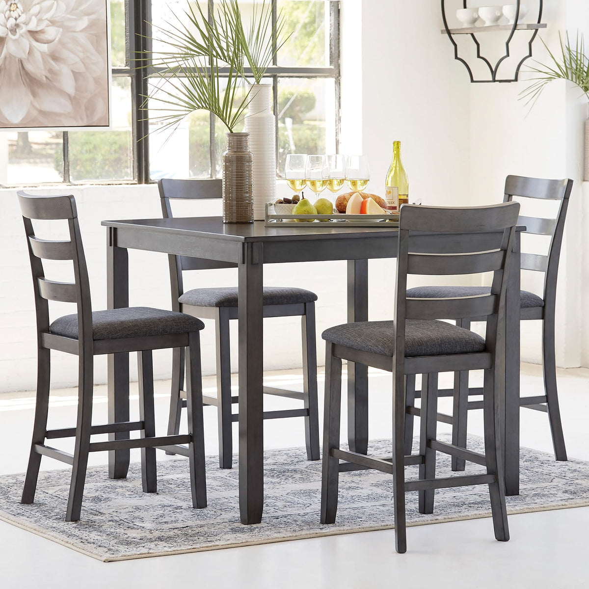 Signature Design by Ashley Bridson 5 Piece Dining Room Set, Includes Table & 4 Ladderback Barstools, Wood, Gray
