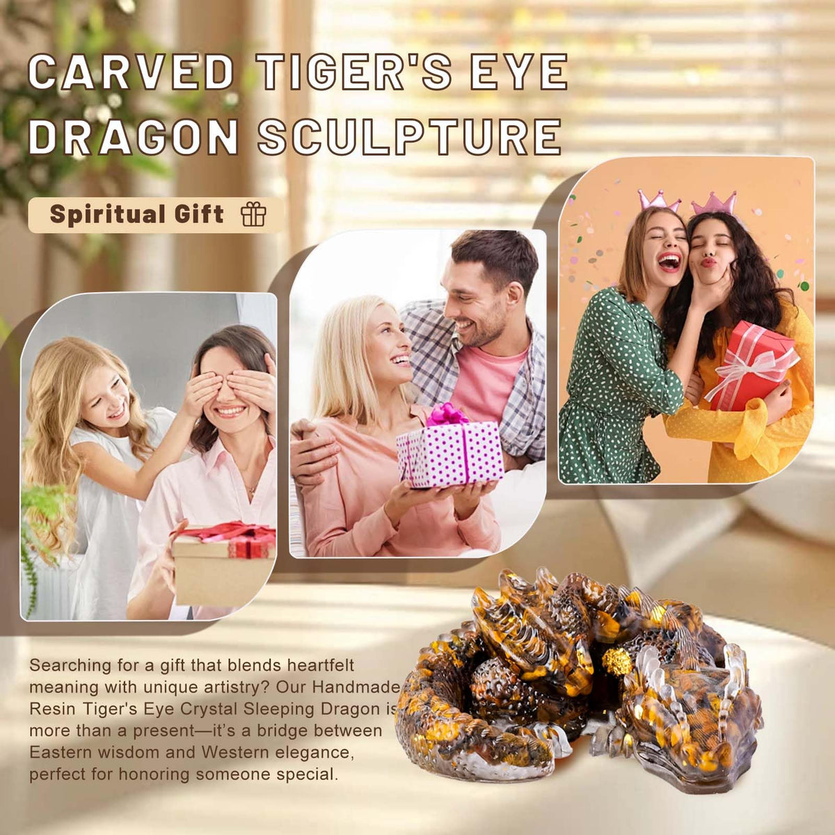 RJINGSHI Crystal Dragon Ornament, Natural Crushed Stone Resin, Home Table Decor Gift (Tiger's Eye)