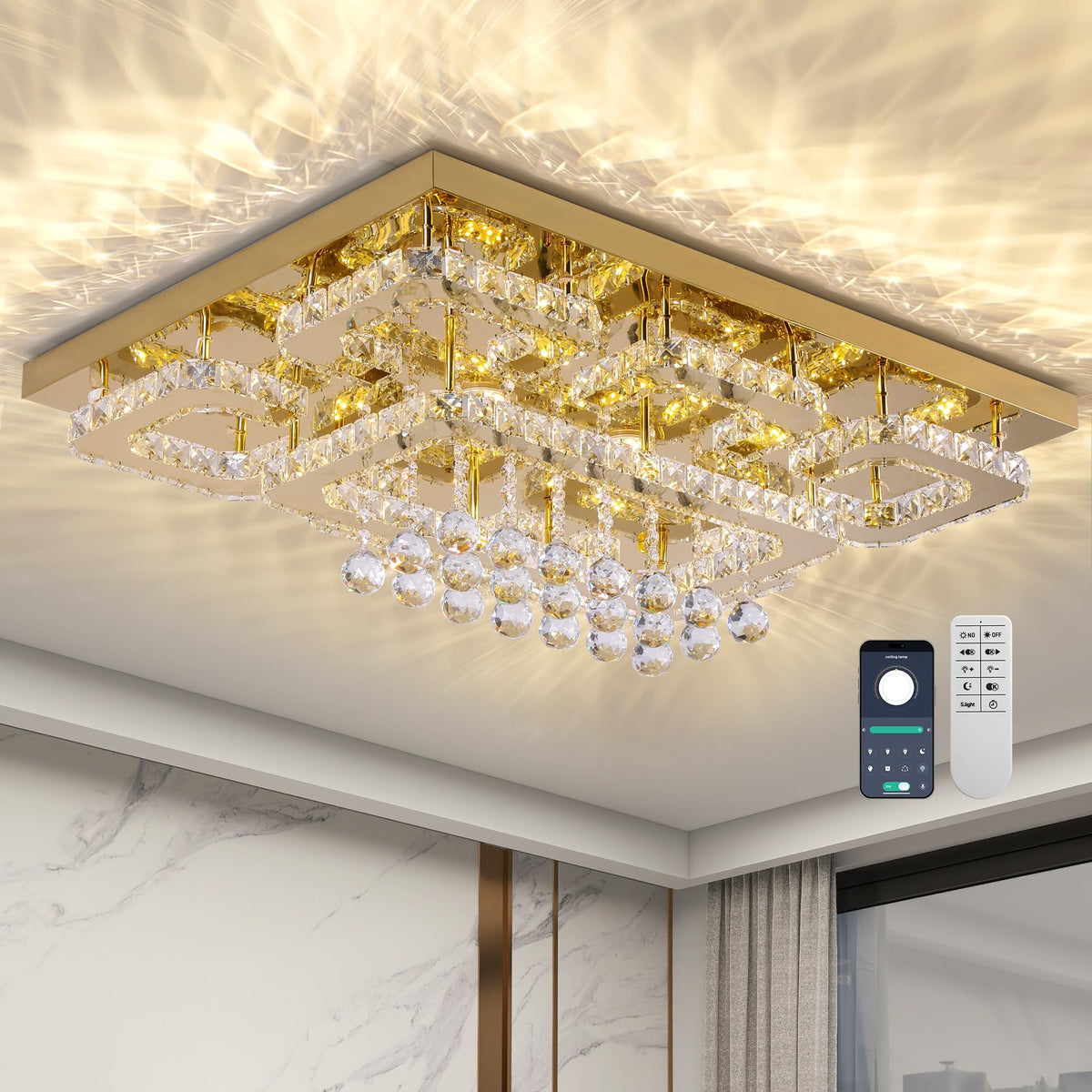KINGTORO 32" Gold Crystal Flush Mount Chandelier with Remote/App Control, Modern LED Ceiling Light with 3CCT Dimmable, Elegant Chandeliers for Bedroom Living Room Dinning Room Hallway Kitchen
