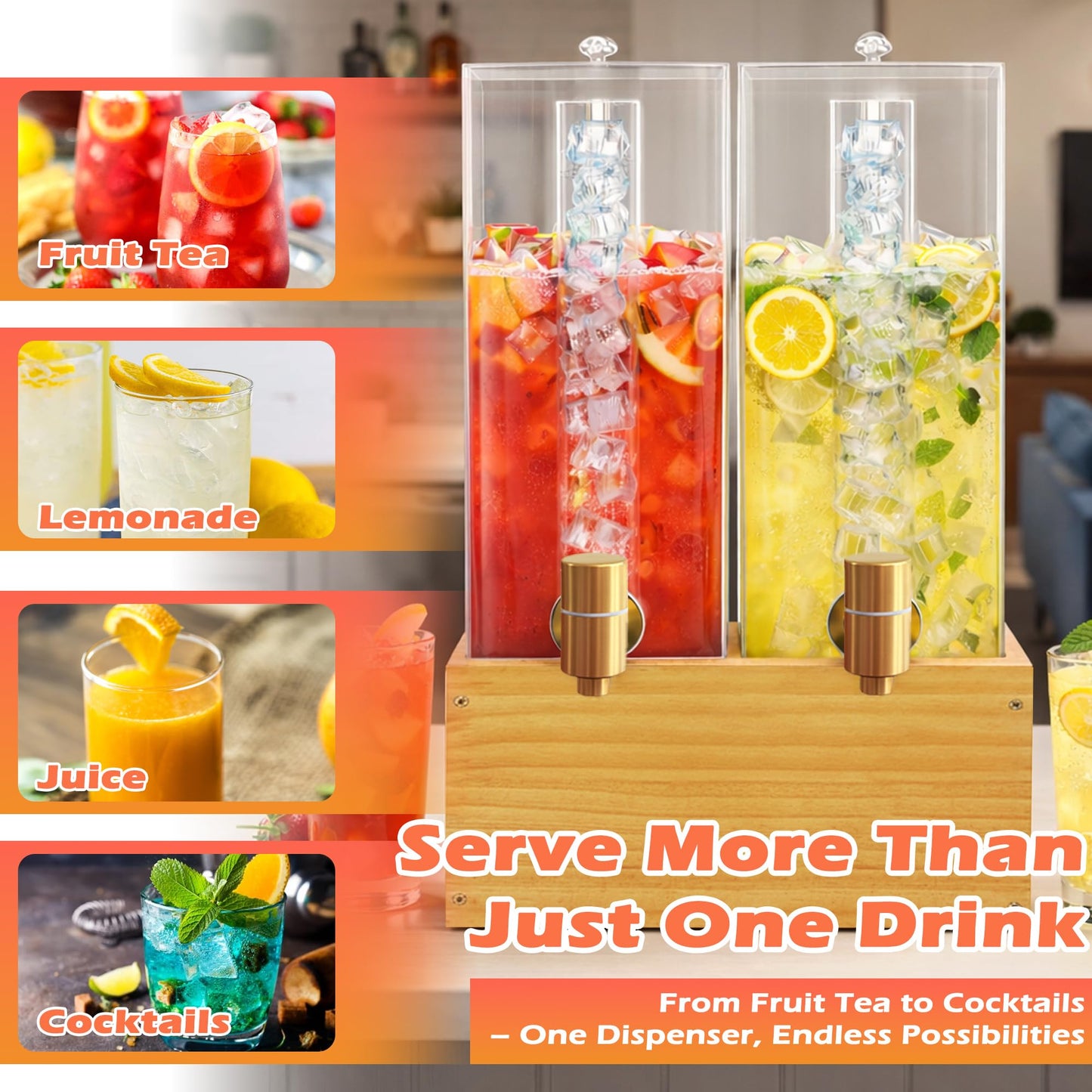 Beverage Dispenser with Stand, 4 Gallon Dual Drink Dispenser Stand, Large Drink Dispenser for Party, Wood Stand
