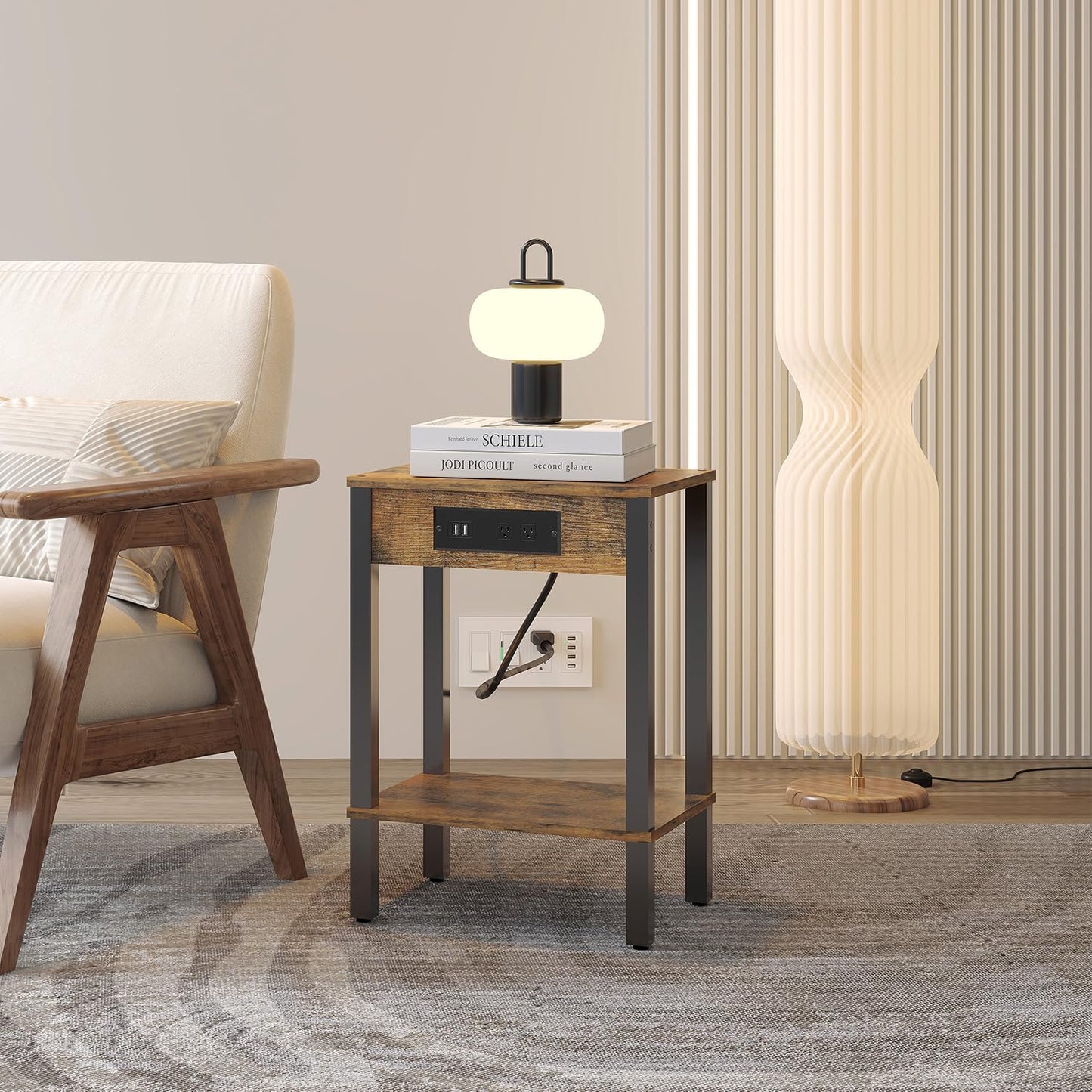 End Table with Charging Station, 2-Tier Nightstand with Storage Shelf,Modern Side Table,Bedside Table for Small Space in Living Room, Bedroom, Sofa Couch and Balcony, Rustic Brown MLBZ14RE
