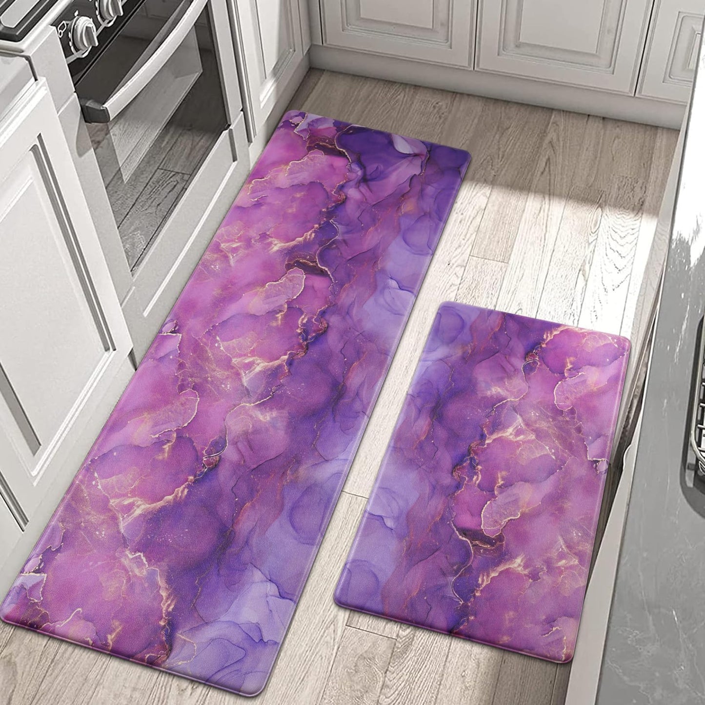 Likiyol Marble Kitchen Rugs Set of 2 Anti Fatigue Mats, Purple Ombre Non Slip Washable Comfort Mats, 18'' x 30'' + 18'' x 48''