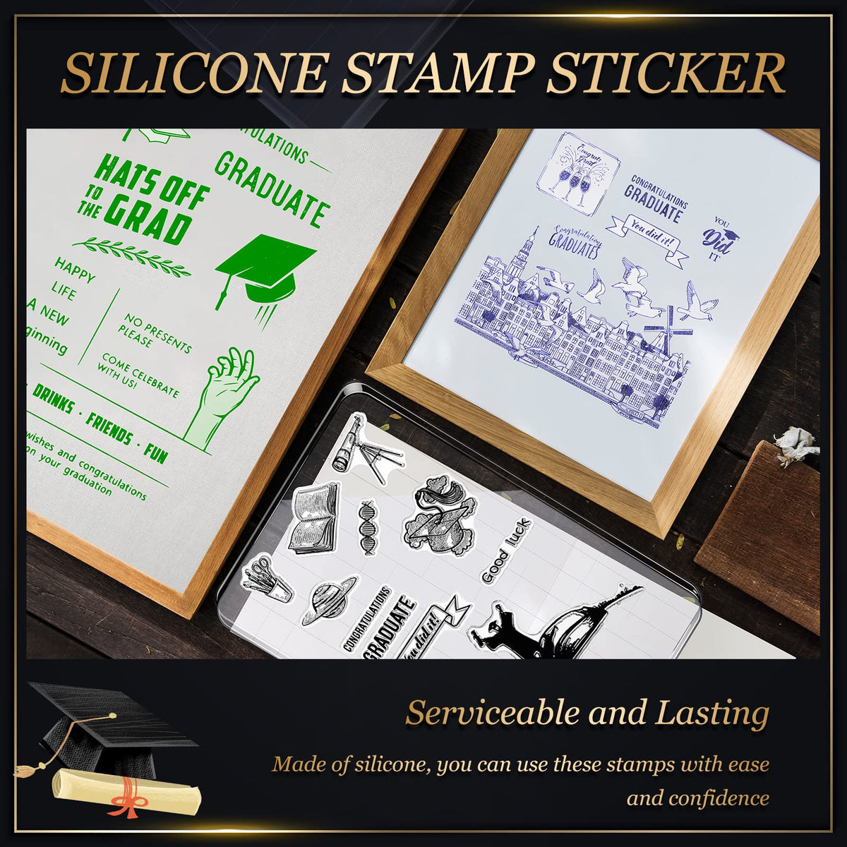 6 Sheets Graduation Silicone Clear Stamps Seal Set Acrylic Stamp Blocks Tools with Grid Lines DIY Scrapbooking Crafts Making Simply Rubber Stamps for Cards Congratulations Graduate
