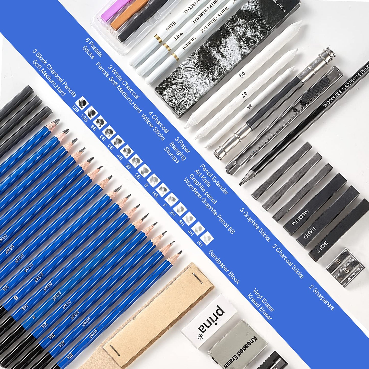 Prina 50 Pack Drawing Set Sketch Kit, Sketching Supplies with 3-Color Sketchbook, Graphite, and Charcoal Pencils, Pro Art Drawing Kit for Artists Adults Teens Beginner Kid, Ideal for Shading, Blending