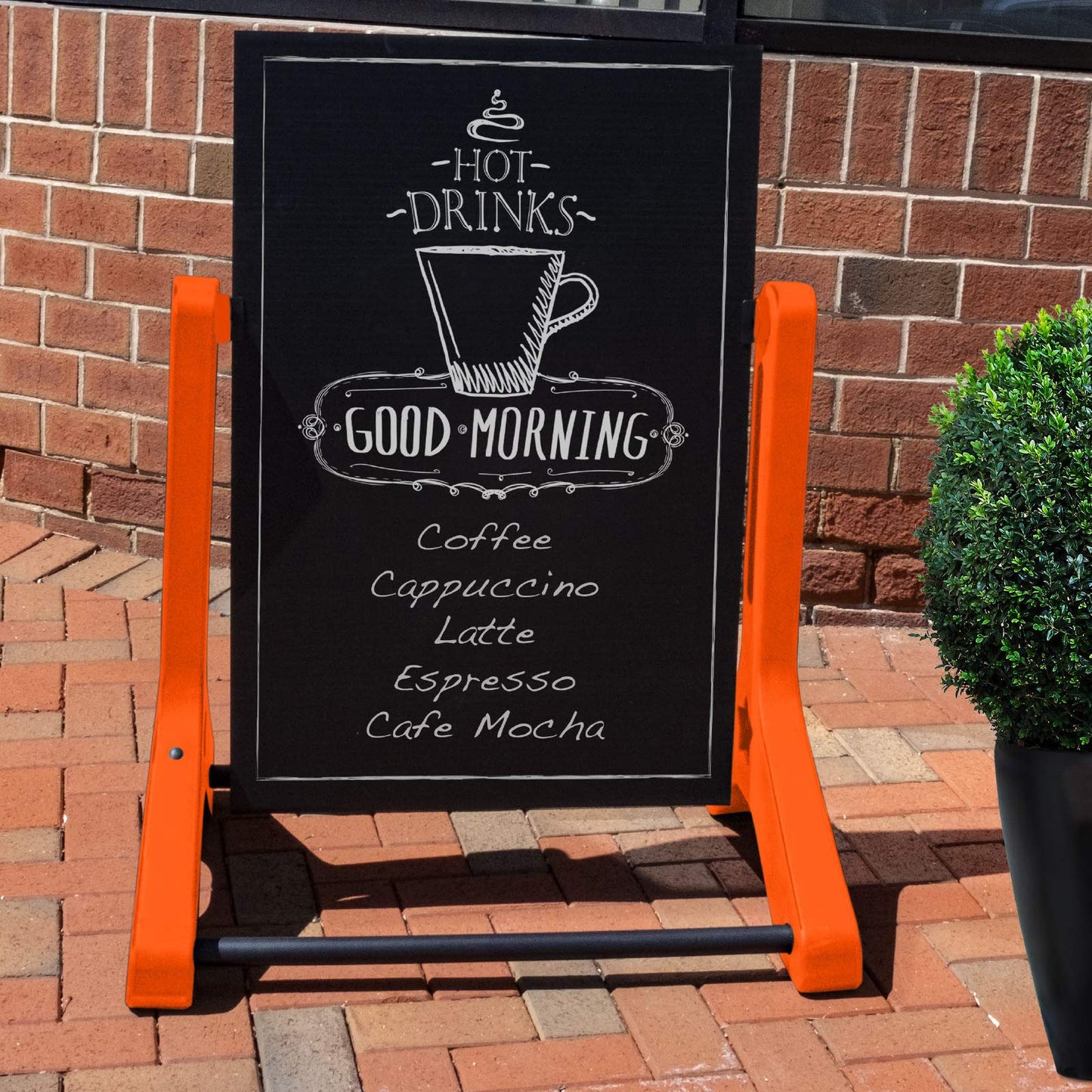 Swinging Changeable Message Sidewalk Sign: 24" x 36" Sign with 792 Pre-Cut Double Sided Letters and Storage Box. Includes Black Board & Letter Board (Orange Color Legs)