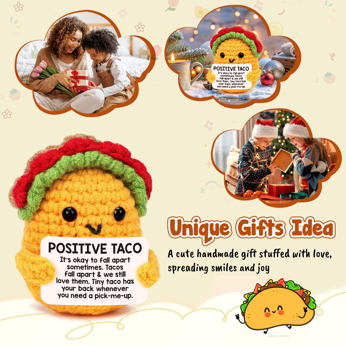 Positive Crochet Taco Birthday Gifts for Women Men Teacher Appreciation Mothers Day Graduation Gift Adult Kids Son Mom Dad Daughter Sister Friend Coworkers Self Care Card Inspirational Support