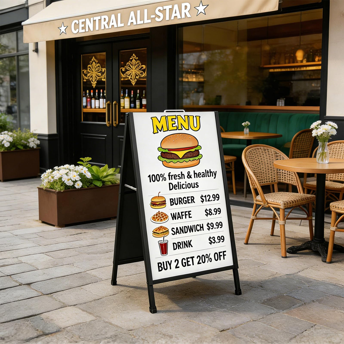 4 Pack 24x36 Inch A-Frame Sandwich Board Signs, Double-Sided Sidewalk Signs, Heavy Duty Sidewalk Signboard with Carry Handles, Frame Only for Outdoor Use