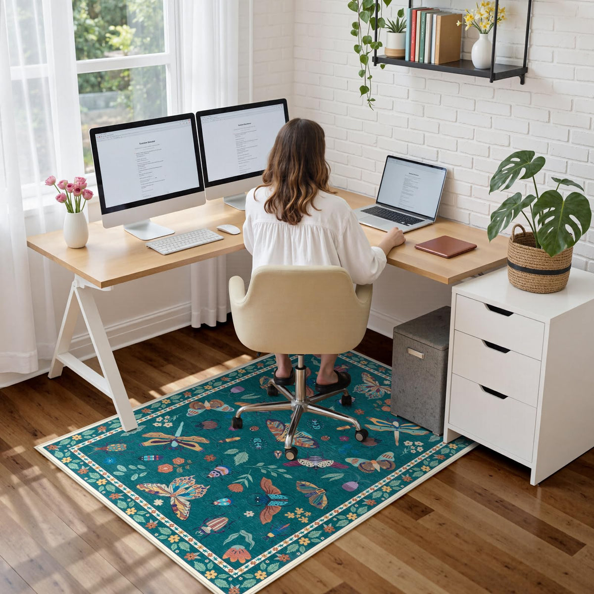 Anidaroel 36"x48" Office Chair Mat for Hardwood Floor, Anti-Slip Floor Mat for Office Chairs, Insect Print Office Rugs for Rolling Chairs, Low Pile Dark Green Desk Chair Mats for Hardwood