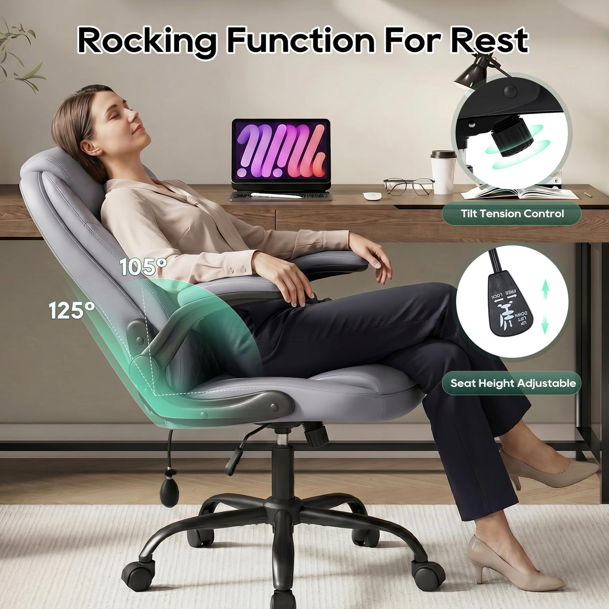 MALOL Leather Office Chair, Computer Desk Chair with Adjustable Lumbar Support, Thick Cushion, Flip-Up Arms and Ergonomic Back, Comfy Executive Office Chair for Home Office Gaming,Grey