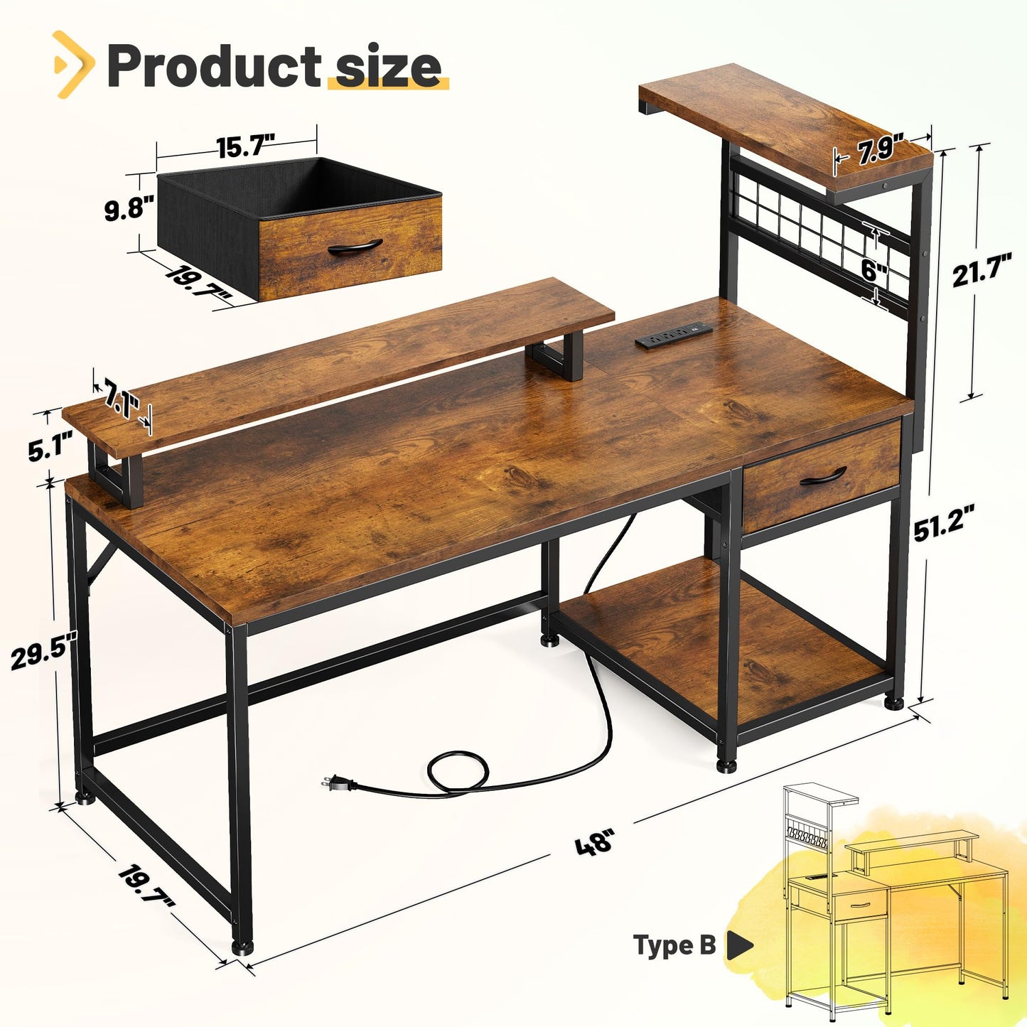 EnHomee 48" Computer Desk with Power Outlets & LED Lights, Gaming Desk with Drawer & Storage Shelves, Reversible Home Office Desk with Monitor Stand, for Living, Study Room, Gaming Room, Rustic Brown
