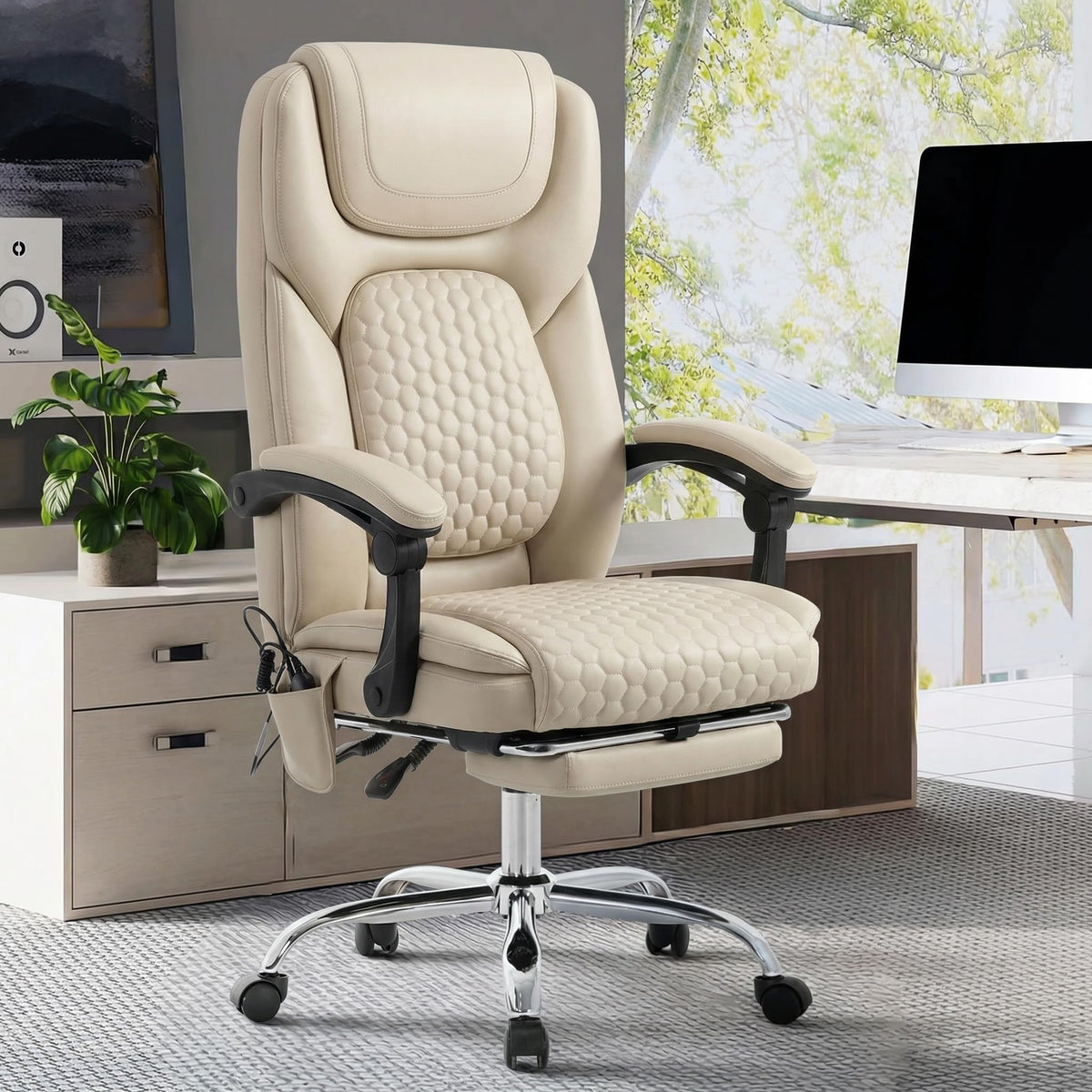 MALOL Massage Office Chair with Heat and Footrest - 3-Level 65°C Targeted Heating, 20-Min Easy Assembly Leather Desk Chair, Big and Tall Executive Computer Chair with Side Pocket, 300 lbs, Beige