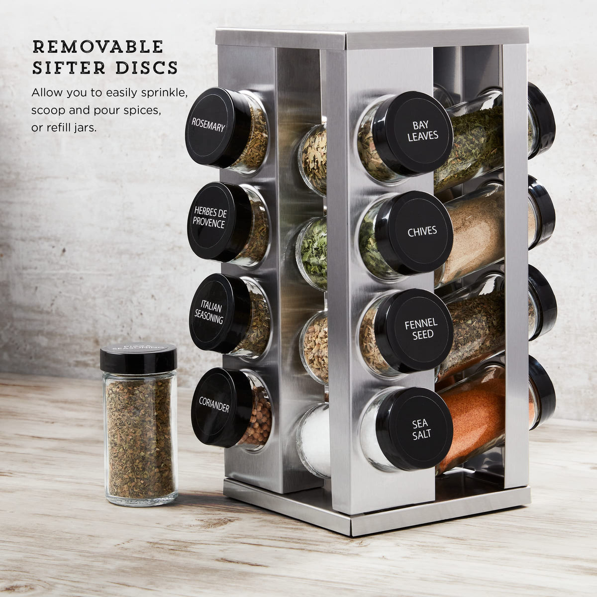 Kamenstein 16 Jar Heritage Revolving Countertop Spice Rack Organizer with Spices Included, FREE Spice Refills for 5 years, Brushed Stainless Steel with Black Caps