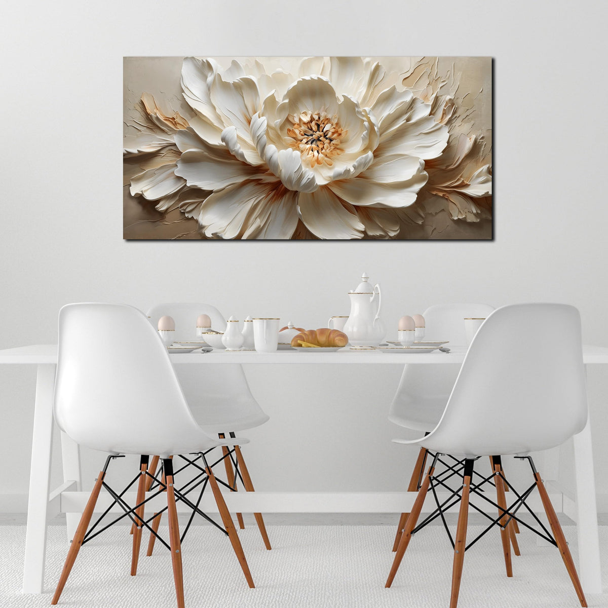 TYTAUPT Flower Painting Wall Decor White Canvas Wall Art for Office Women,Teen Room Decor for Girls,Dining Room Art Wall Decor 24 x 48 Inch