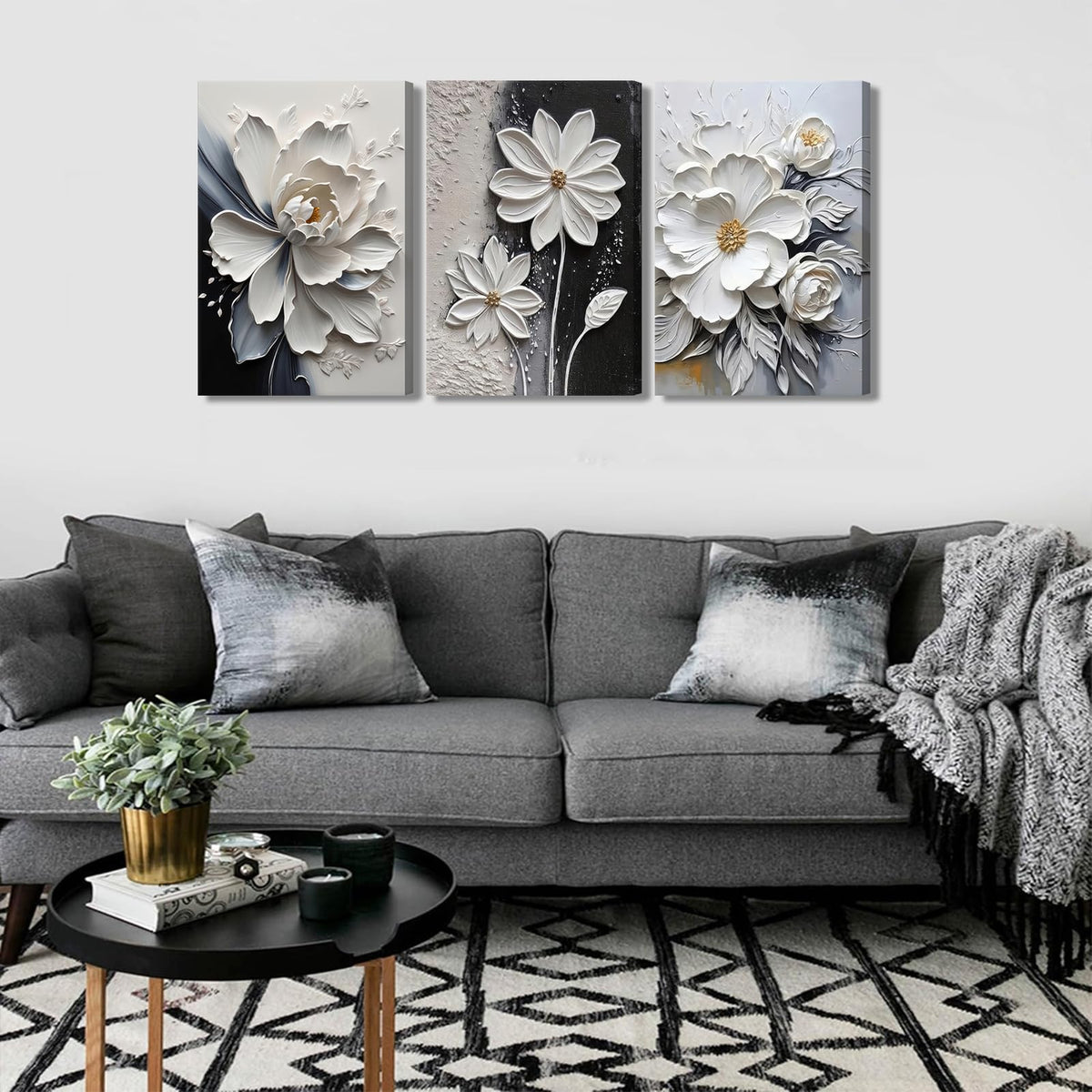 3Pcs Modern Abstract Floral Canvas Wall Art White and Black Flowers Wall Decor Pictures Elegant Daisy Poster Print Paintings for Office Living Room Bedroom Bathroom Home Decoration 12"x16"