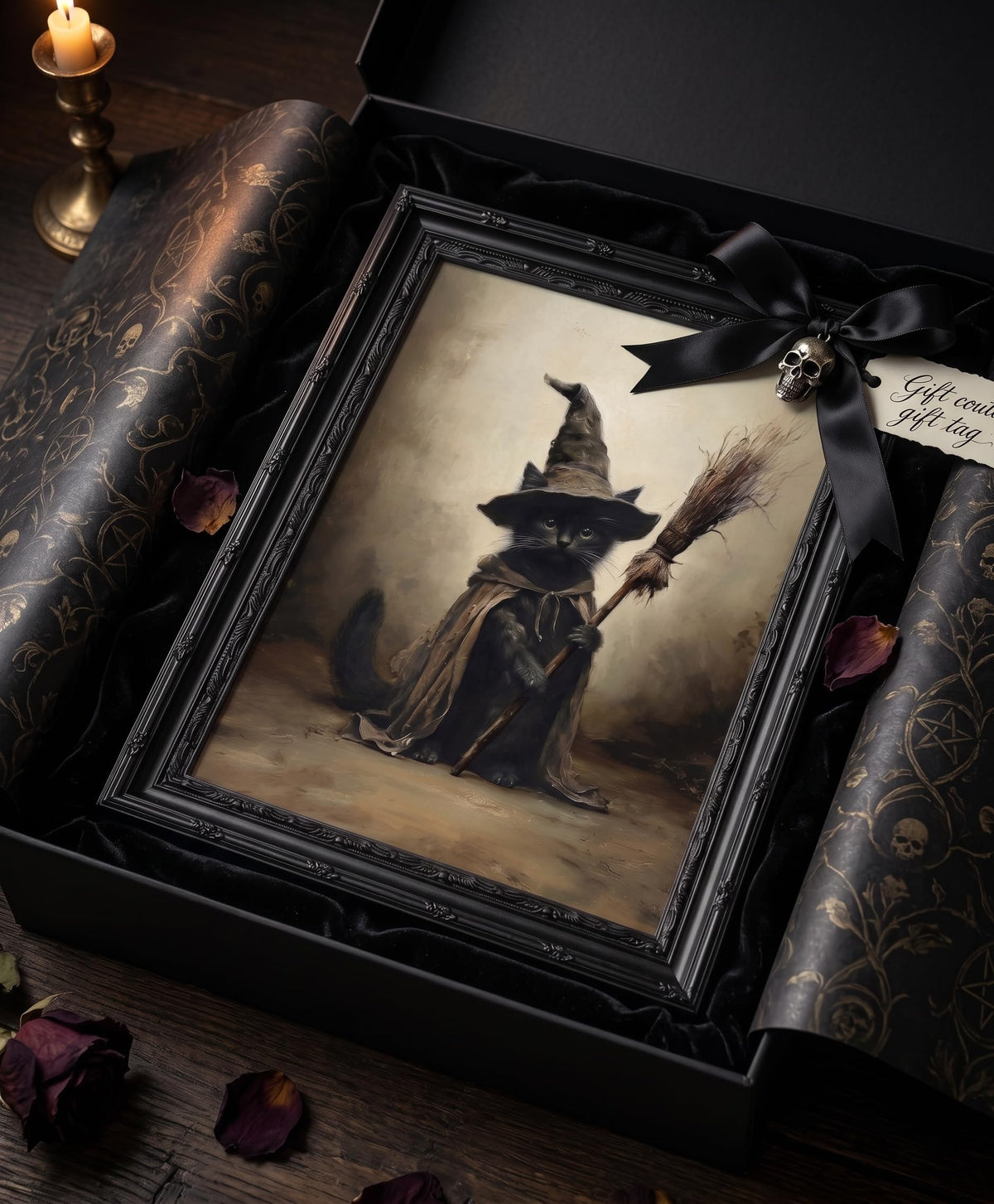 FKRYTYB Framed Halloween Wall Art, black cat witch wall decor, 9x11in