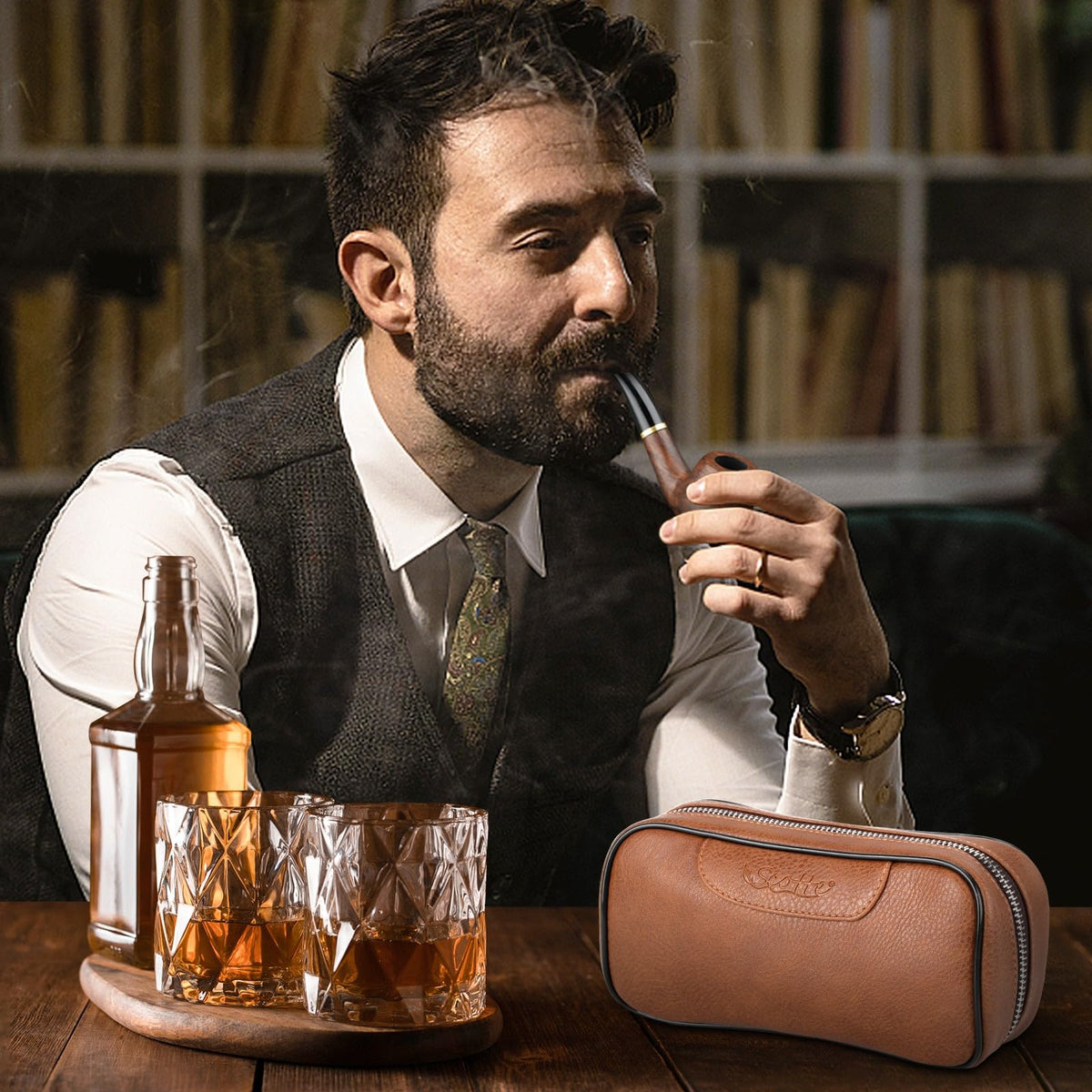 Scotte Handmade Pipe Set, Leather Pipe Pouch, Wood Pipe and Accessories (Scraper/Stand/Filter Element/Filter Ball/Small Bag/Box) (brown)