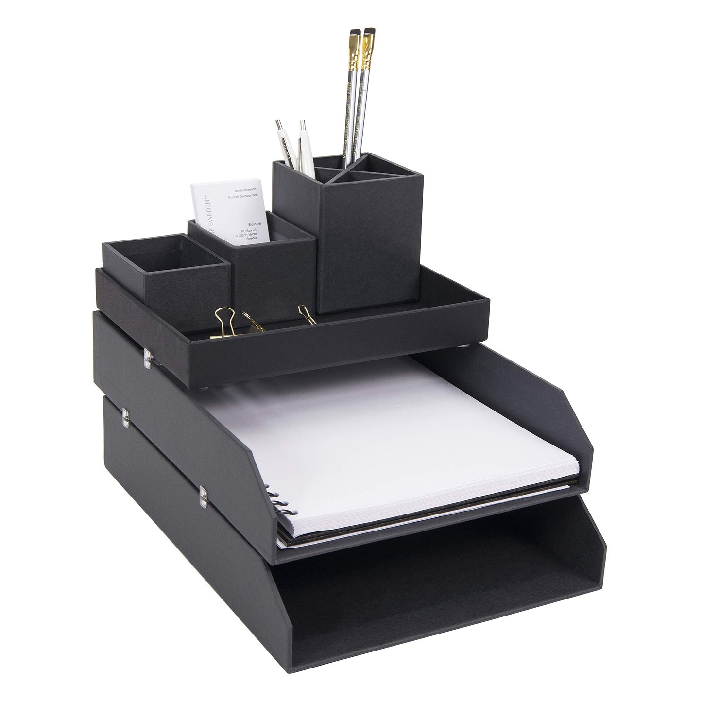 Bigso Hakan Letter Trays - Stackable Paper Tray Organizer with Stable Rubber Feet for A4 or Letter Size Documents - 9.1 in x 12.2 in x 2.4 in - Pack of 2 - Dark Grey