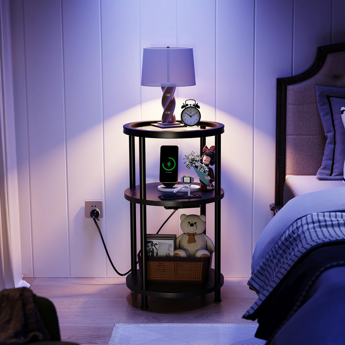 Homeiju Glass Side Table, 3-Tier Glass End Table with Adjustable Feet, Bedside Table for Small Space for Living Room, Balcony, Bedroom, Black, with USB Ports & Power Outlets