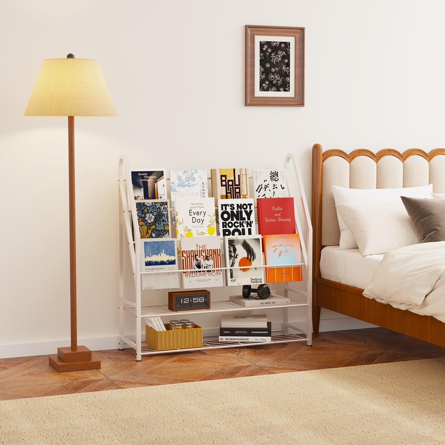 Arbuxzuy Magazine Rack Small Metal for Storage Freestanding 11.8" D x 32.3" W x 38.2" H, Sofa Height Short Book Shelf for Display and Storage, Ladder Bookcase for Home Office, White