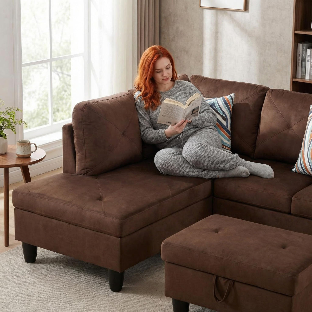 Trygoal 3-Piece L-Shaped Modular Leather Sofa – Convertible Sectional Couch with Movable Chaise & Storage Ottoman, Multi-Scene Use for Living Room, Apartment & Office, Brown