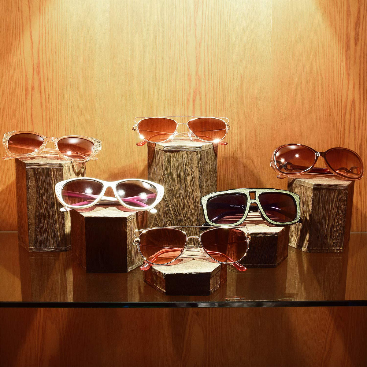 MOOCA Wooden 6 Pcs Hexagon Risers for Display Jewelry and Accessories Display Stand, Brown