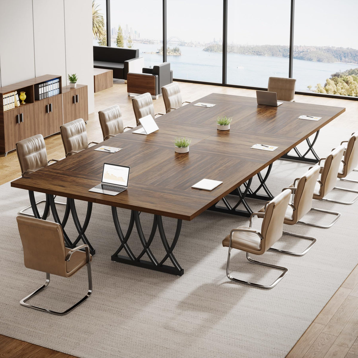 Tribesigns 6 ft Conference Table for 6-8 People, 70.86-Inch Rectangle Meeting Seminar Table with Unique Curved Metal Support for Home Office (Without Chair, Retro Brown & Black) (1)