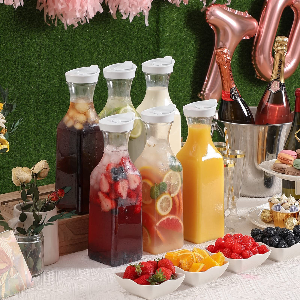 Plastic 50 Oz Water Carafe with Flip Top Lid, Set of 6 Square Base Clear Plastic Juice Container Pitcher - for Water, Iced Tea, Juice, Beverage, Lemonade, Milk and Mimosa Bar - HAND WASH ONLY