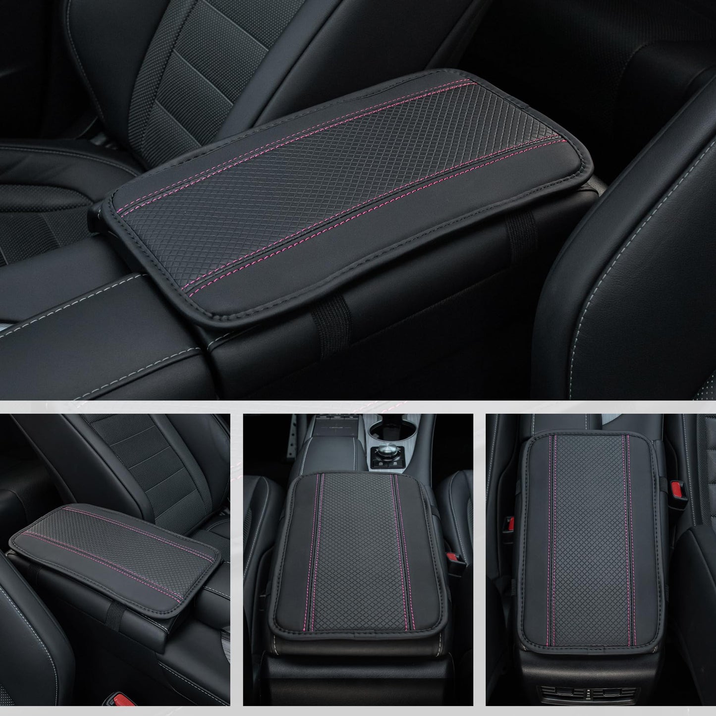 Amiss Car Center Console Pad, Universal Waterproof Car Armrest Seat Box Cover, PU Leather Auto Armrest Cover Protector,Vehicle Interior Accessories fits SUV/Truck/Car (Black-Pink)