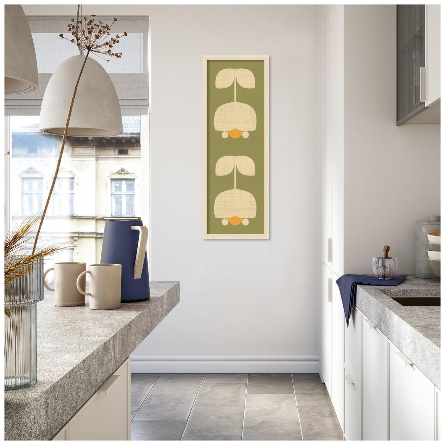 Amanti Art Framed Fabric Pinboard 15 x 42, Scandinavian Tulip Decor by Dina Dankers Printed Casual Bulletin Board for Use as a Vision Board or Wall Organization, Woodgrain Stripe Blonde Frame