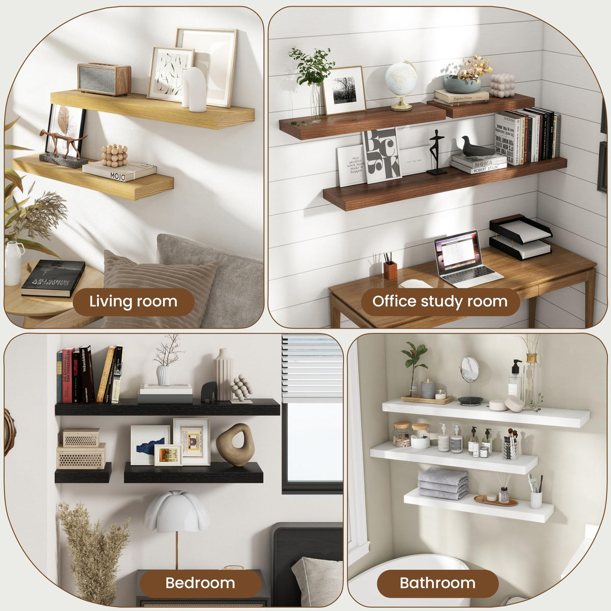 24 Inch Floating Shelves for Wall, 8 Inch Deep Floating Shelf for Storage & Display, Wall Mounted Shelf with Invisible Brackets for Living Room, Kitchen, Bathroom, Home Decor, Set of 2, Rustic Brown