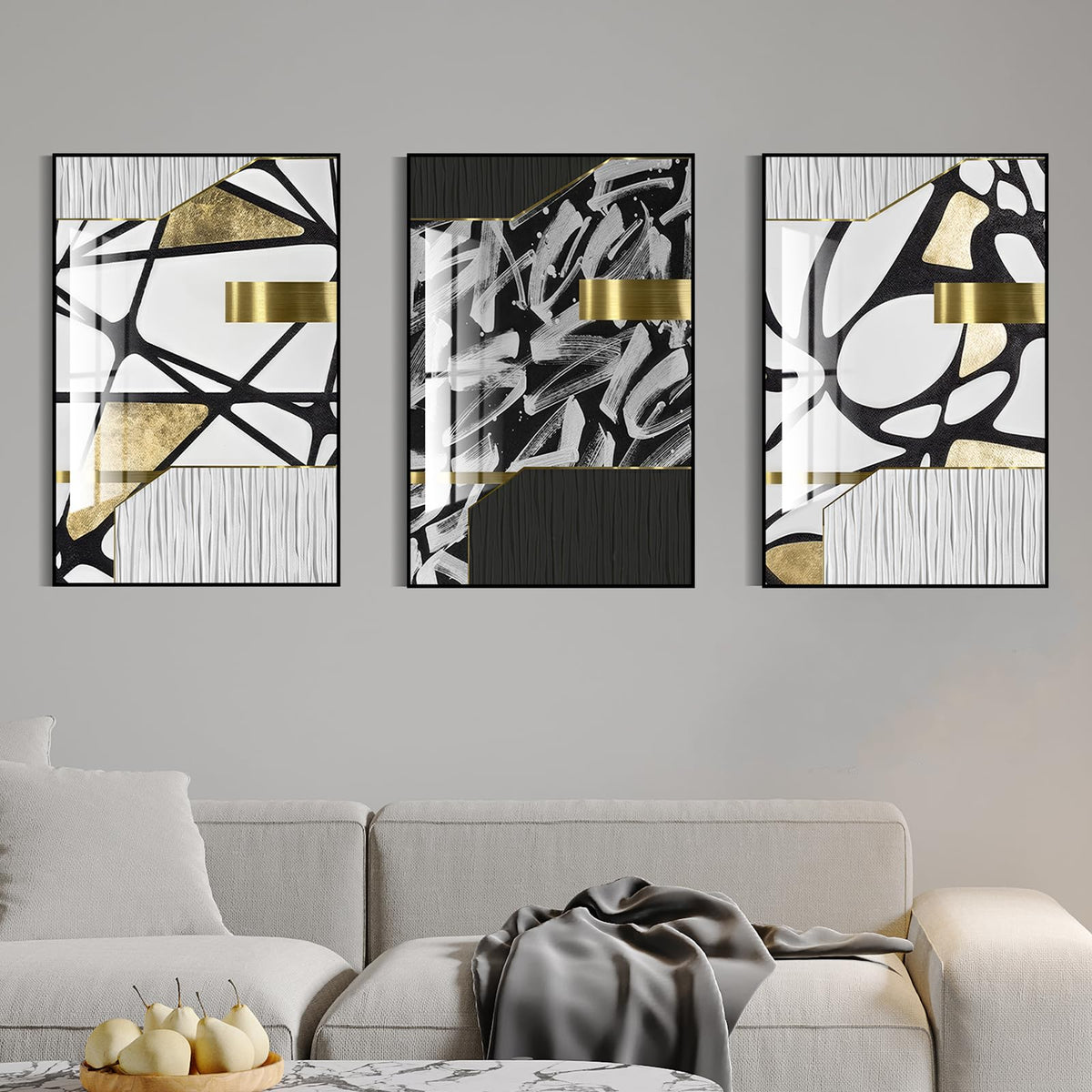 QKF large bright abstract geometric wall decoration, modern minimalist black and white wall art, suitable for bedroom, living room, bathroom, office, home poster printing 20 "X 28" inch 3-piece set